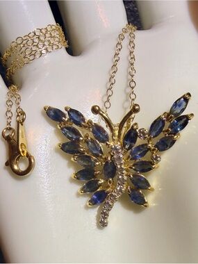 Natural Sapphire Butterfly Pendant 18K Yellow Gold Plated 925 Sterling Silver
